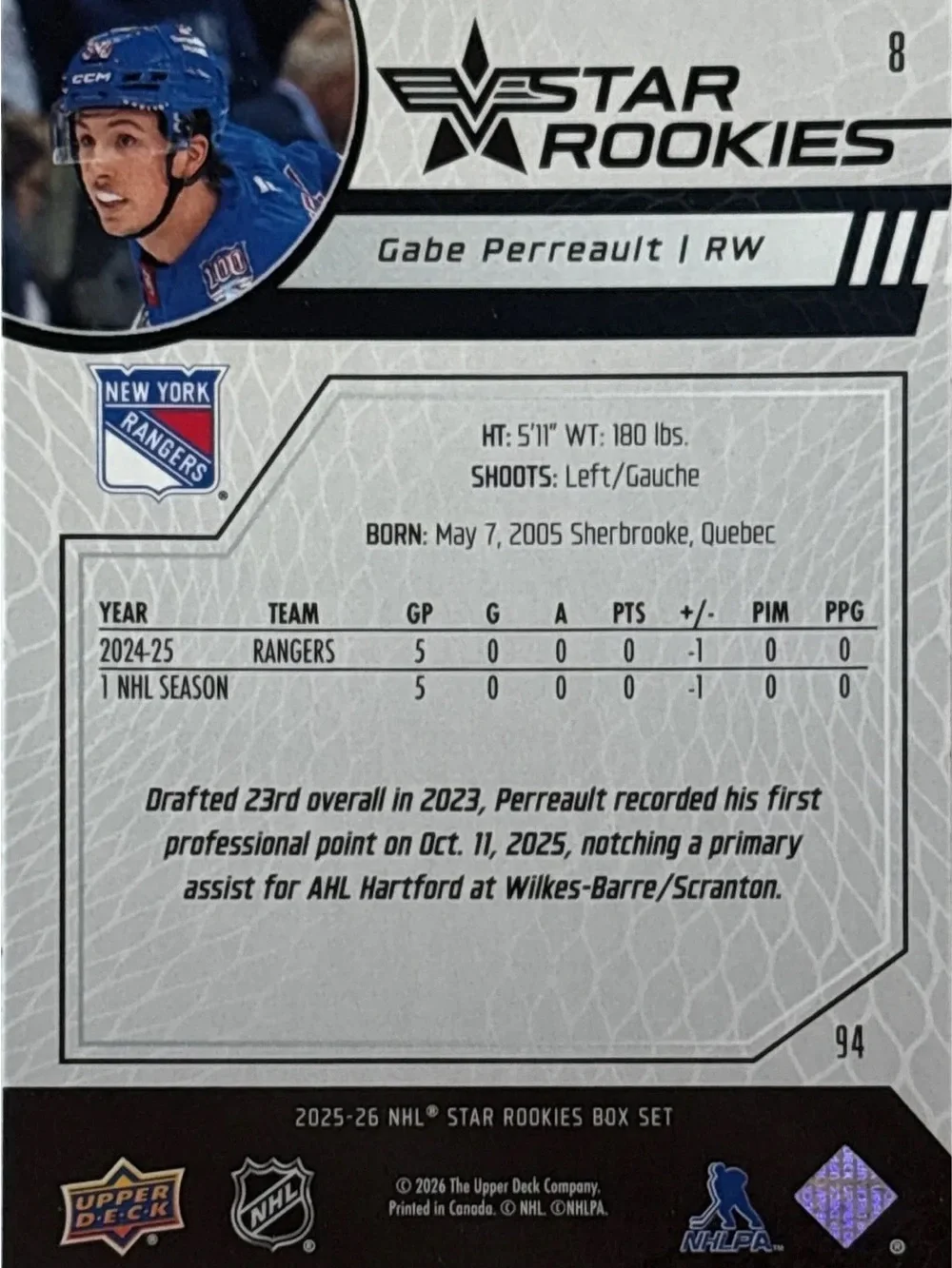 Upper Deck Gabe Perreault Rookie Trading Card